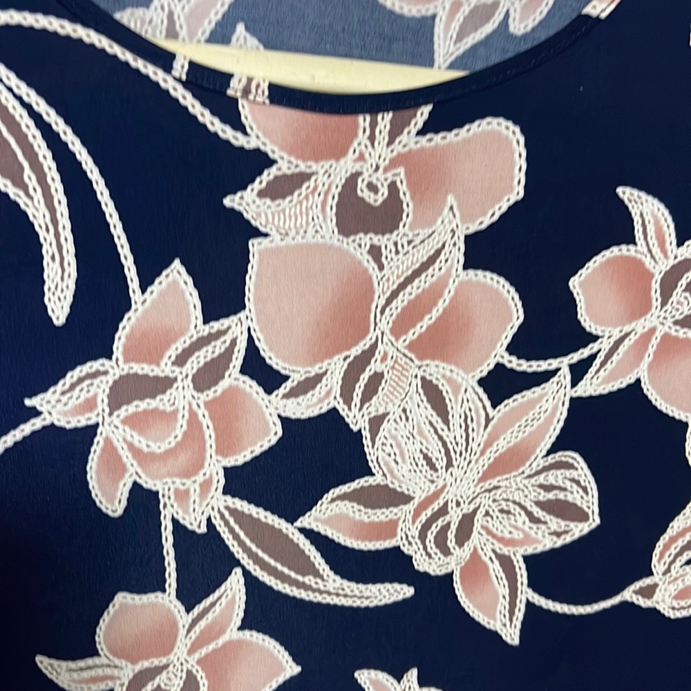 Blue blouse with pink/cream flowers